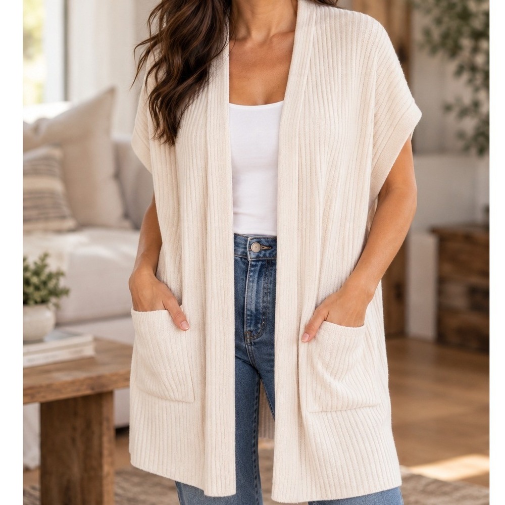 Barefoot Dreams Cardigan Vest Women XL Cream Excellent Ribbed Pocket Longline